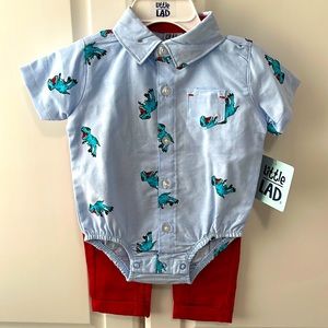 BRAND NEW 3-6 Month Boy Dinosaur Matching Set Collared Onesie with Red Pants